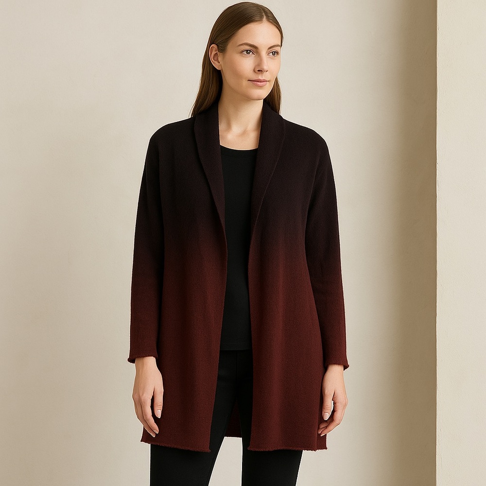 Eileen Fisher Wool Ombre Open Front Sweater Jacket Cardigan Raw Hem Cuffs L